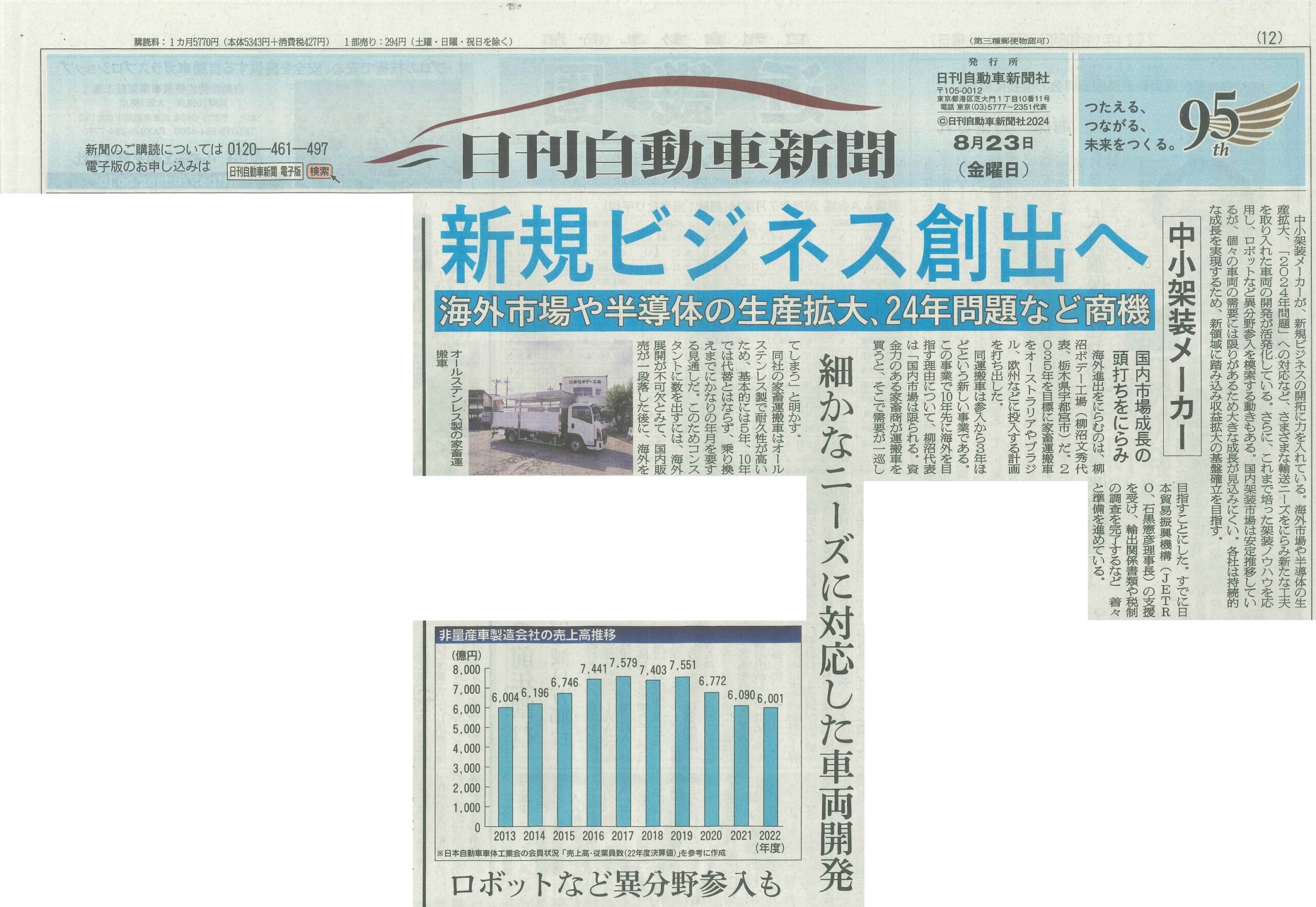 日刊自動車新聞　家畜運搬車　スワップボディ　中小架装メーカー　新規ビジネス創出　24年問題